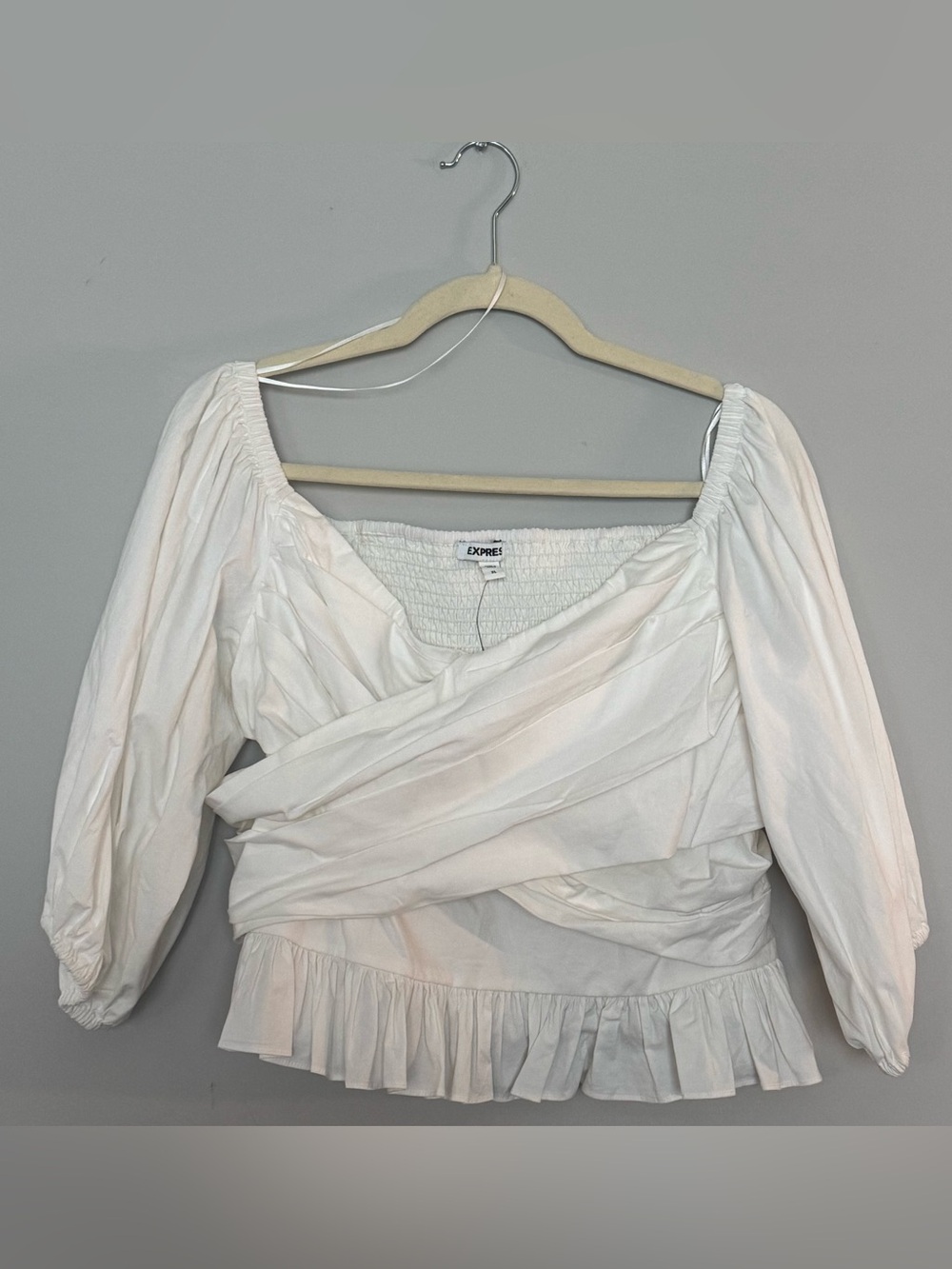 Express White Puff Sleeve Wrap-Style peplum Blouse